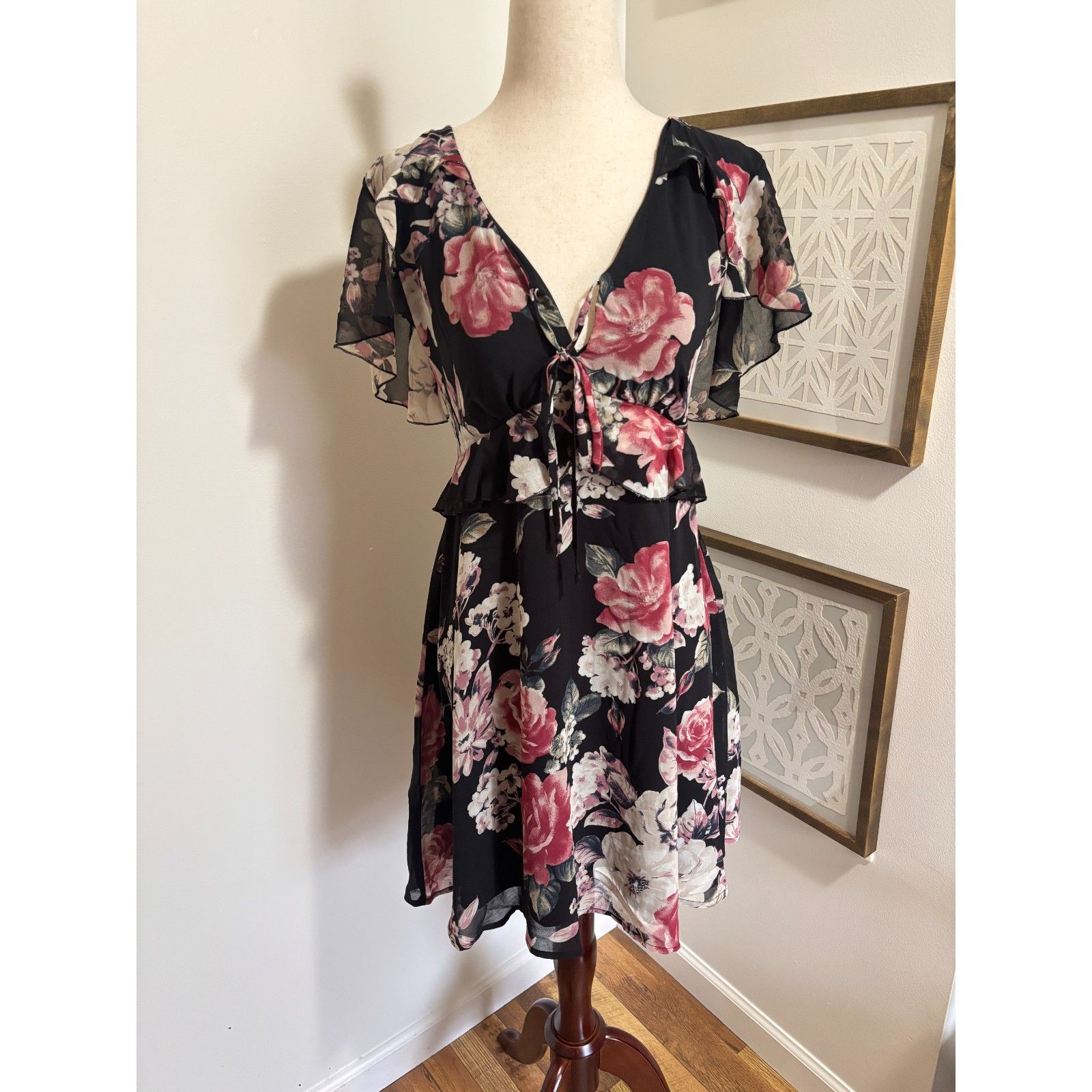 Maurices Black Floral Chiffon Dress Romantic Boho Tie Front Fairy Grunge Dark M